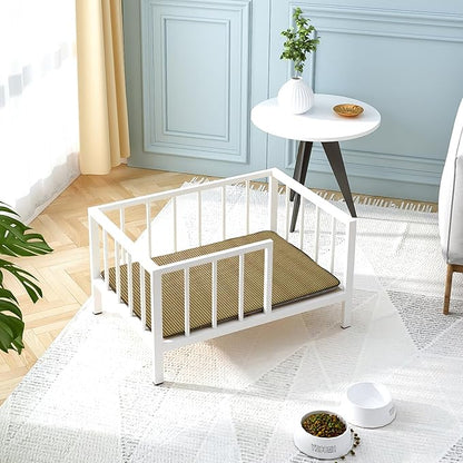 OSCHF Dog Bed with Rails - Elevated Pet Metal Bed Frame with Solid Wood Board and Washable Soft Mat for Small Dog Indoor or Outdoor Use, 21.3" x 30 ", White