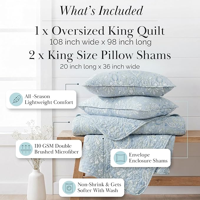Southshore Fine Living, Inc. Boho Quilt Set, Lightweight Bedspread for Summer, Coverlet King Size, Paisley Bedding Set with Two Matching Pillow Shams, California King Quilts, Blue Paisley Quilt