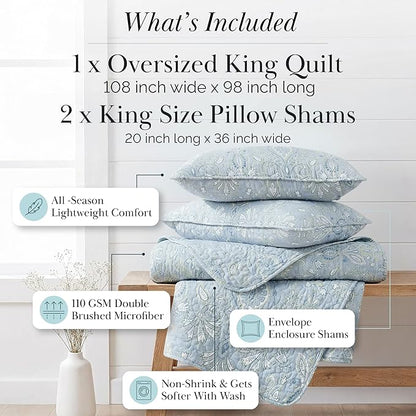 Southshore Fine Living, Inc. Boho Quilt Set, Lightweight Bedspread for Summer, Coverlet King Size, Paisley Bedding Set with Two Matching Pillow Shams, California King Quilts, Blue Paisley Quilt