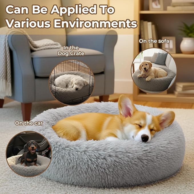 Calming Anti-Anxiety Donuts Dog And Cat Bed, Round Fluffy Soft Washable Large Pet Bed For Puppy And Kitten, Cuddler Warming Comfortable Cushion, Luxury Anti-Slip Waterproof Mute Base 28in Gray