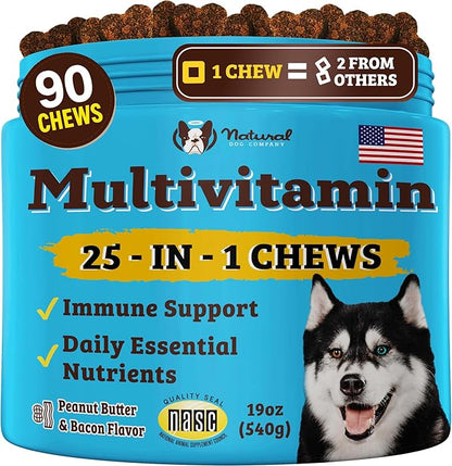 Natural Dog Company 25-in-1 Multivitamin for Dogs – Vet-Formulated Soft Chews for Puppies, Adults & Seniors, Supports Joints, Skin, Coat, Immune & Heart Health, NASC Certified, 90 Count
