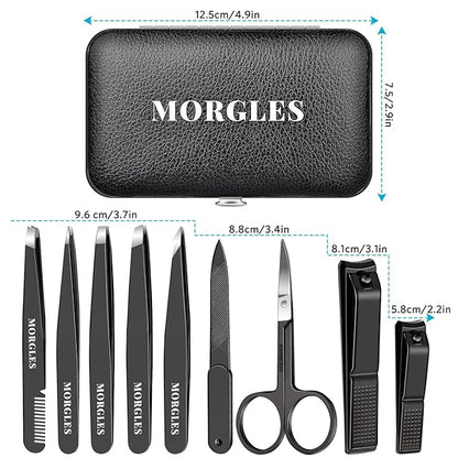 MORGLES Tweezers Set and Nail Clippers, 9 Pcs Stainless Steel Tweezers Kit for Men Professional Manicure Set for Men Grooming Kit With Leather Travel Case