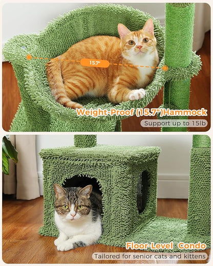 MUTTROS Cactus Cat Tree 40" Cat Tower with Large Metal Carpet Hammock, Cat Scratching Post for Indoor Cats with Condo & Replaceable Toy Ball, Green