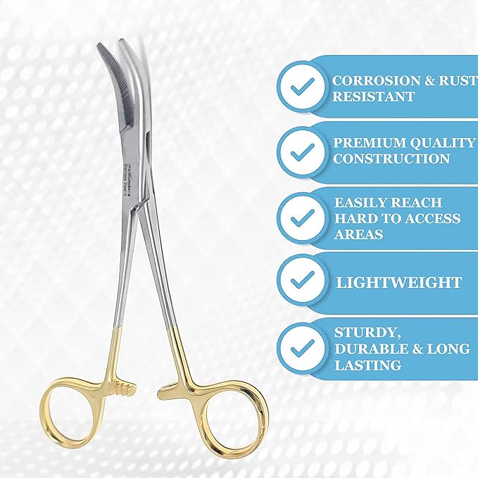 Dog Pet Ear/Nose Hair Puller Grooming Hemostat Locking Forceps Curved Pliers, 5.5" (14cm) Full Serrated Clamps Stainless Steel (Gold Handle)