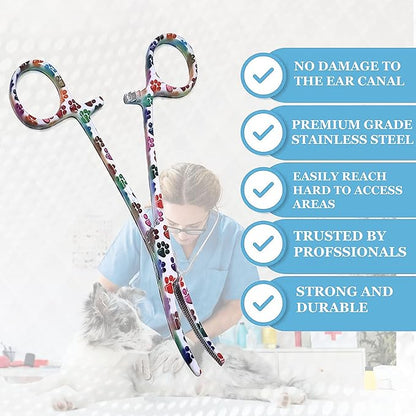 Dog Pet Ear/Nose Hair Puller Grooming Hemostat Locking Forceps Curved Pliers, 5.5" (14cm) Full Serrated Clamps Stainless Steel (White Multi Paws)