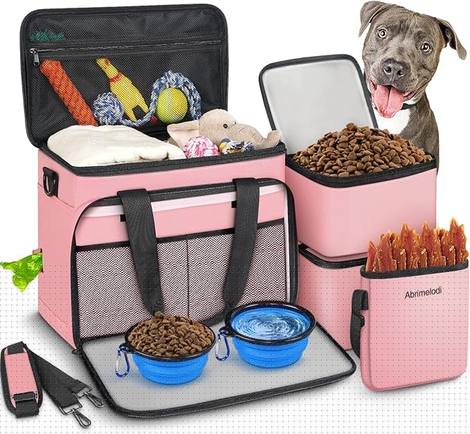 6 Set Dog Travel Bag, Large Pet Supplies for Dogs, Includes 2 Collapsible Dog Bowls, 2 Food Containers, 1 Treat Pouch with Pet Travel Bag, Pink