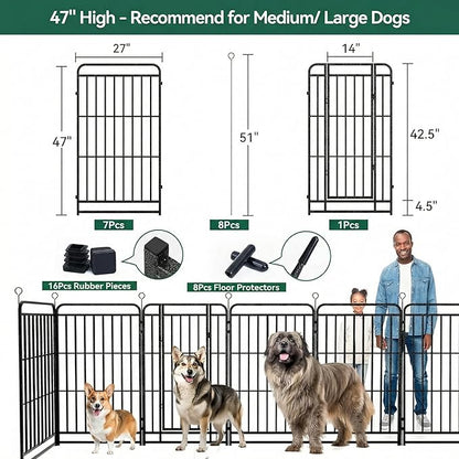 Dog Playpen Outdoor 12 Panels 47'' Rustproof Metal Dog Fence with Gate Small Medium Portable Large Dog Play Pen 27FT 106 Sq.ft for RV Camping, Trips, Play Yard
