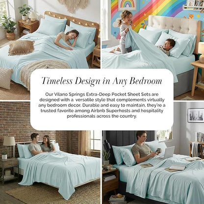 Southshore Fine Living, Inc. 7-Piece Split King Sheet Set, 21-Inch Deep Pocket Split King Sheets for Adjustable Bed, Microfiber Bedding, Oversized Flat Sheet, Blue Pillow Cases, Sky Blue Sheets