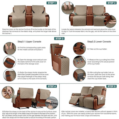 Ruaozz Waterproof Loveseat Recliner Cover with Console Non-Slip Reclining Couch Covers Split Sofa Slipcovers with Elastic Straps Furniture Protector for Kids, Dogs, Pets (Pale Brown, 2 Seater)