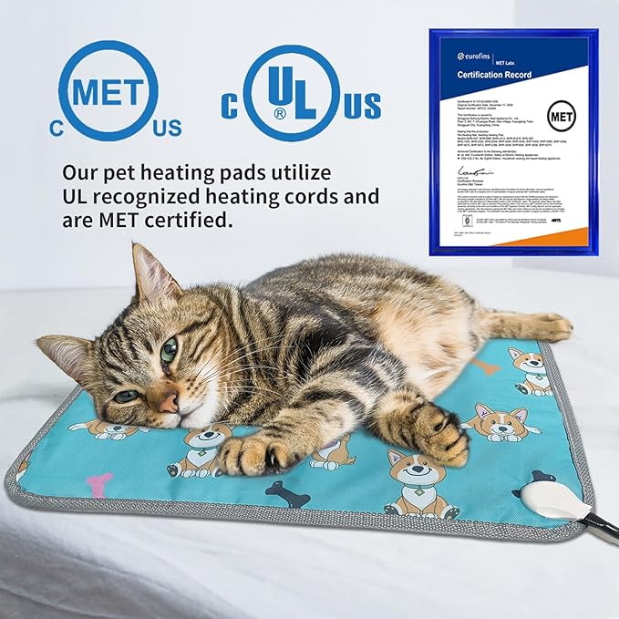 GOLOPET Cat Heating Pad,22x18 in Heated Cat Bed,Adjustable Thermostat+Constant On Function,with Metal Protective Tube Waterproof Puppy Heating Pad - Blue