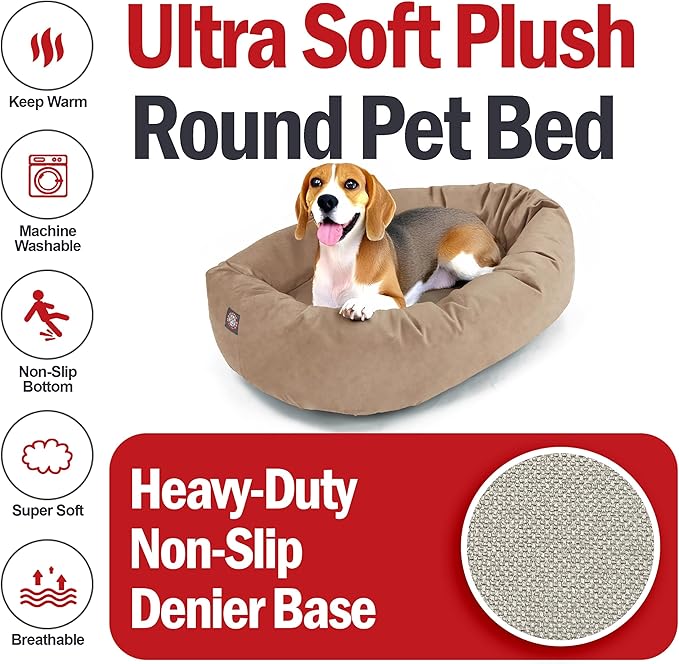 Majestic Pet Suede Shredded Memory Foam Mix Calming Dog Bed Washable - Cozy Soft Round Dog Bed with Spine for Head Support - Fluffy Donut Dog Bed, 32 Inch, Stone