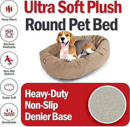 Majestic Pet Suede Shredded Memory Foam Mix Calming Dog Bed Washable - Cozy Soft Round Dog Bed with Spine for Head Support - Fluffy Donut Dog Bed, 32 Inch, Stone