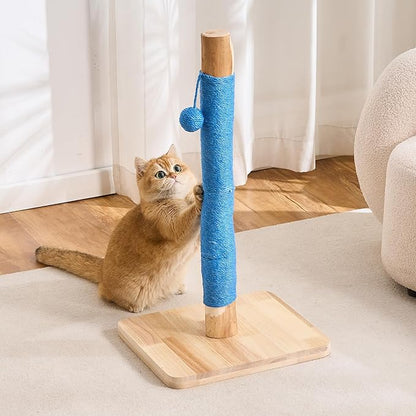 29" Tall Cat Scratching Post for Indoor Cats Adults, Extra-Stable & Natural Solid Wood Scratching Post Sisal Scratcher with Hanging Funny Ball, Blue