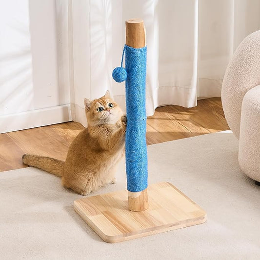 29" Tall Cat Scratching Post for Indoor Cats Adults, Extra-Stable & Natural Solid Wood Scratching Post Sisal Scratcher with Hanging Funny Ball, Blue