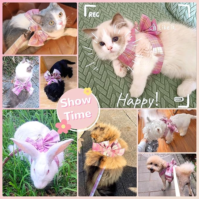 Cute Dog Harness and Leash Set with Bow Tie Soft Mesh Plaid Girl Puppy Harness No Pull Pet Cat Dog Vest Harness for Small Dogs Chihuahua Rabbit Outfit (Pink,S)