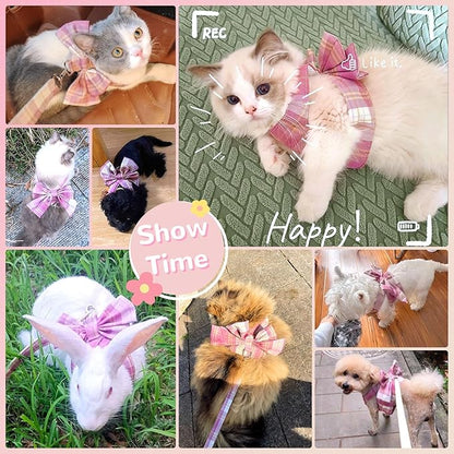 Cute Dog Harness and Leash Set with Bow Tie Soft Mesh Plaid Girl Puppy Harness No Pull Pet Cat Dog Vest Harness for Small Dogs Chihuahua Rabbit Outfit (Pink,M)