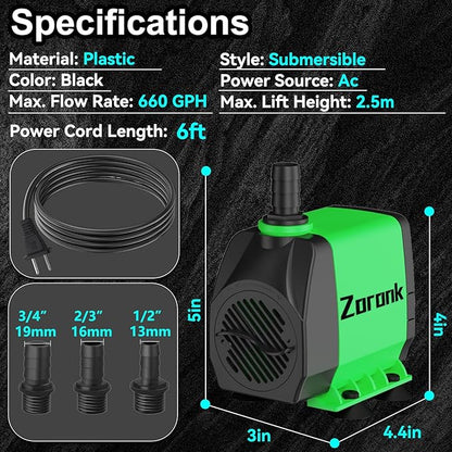 Fountain Water Pump 660GPH with Indoor Mechanical Timer Ultra Quiet 8.2ft High Lift for Fountains, Hydroponics, Ponds, Aquariums & More……