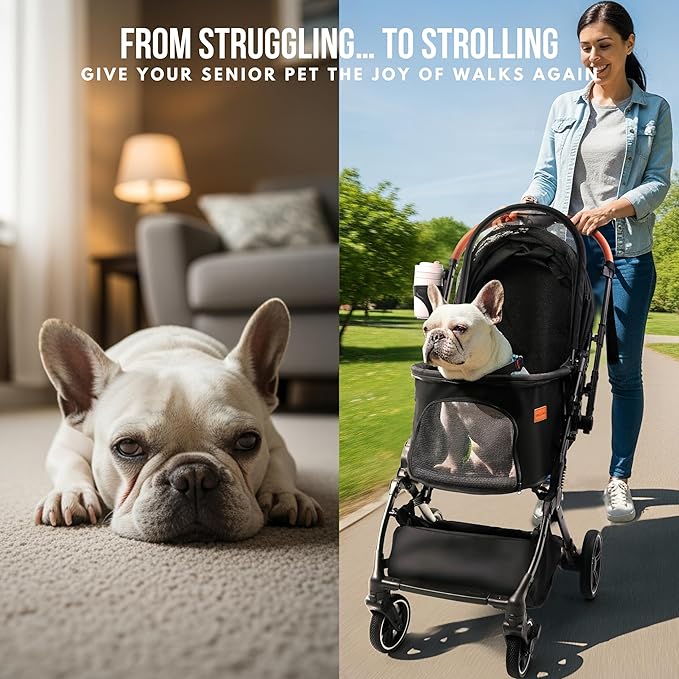Bicystar Pet Stroller for Small Medium Dogs Cats Up to 45 lbs, Travel Lite Collapsible, All Terrain 4 Wheels for Jogging, Running, Black