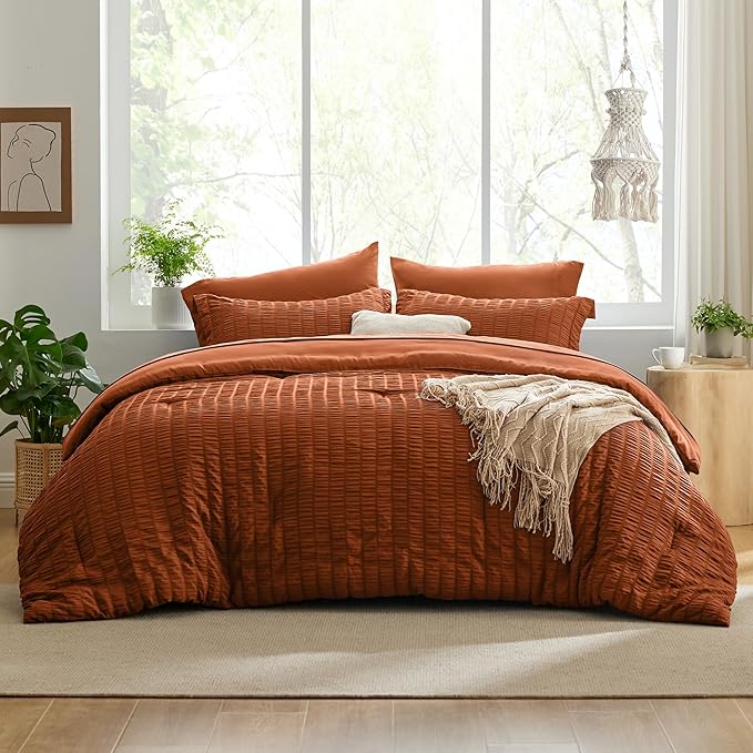 Love's cabin Seersucker Terracotta Twin Comforter Set, 5-Piece All Season Lightweight Bed in a Bag Bedding Set with Comforter, Flat Sheet, Fitted Sheet, Pillowcase and Sham | Soft, Breathable, Lightweight