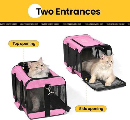 Conlun Cat Carrier Airline Approved, Soft-Sided Dog Carrier with Inner Safety Leash, Pet Transport Carrier for Small-Medium Cats Puppies up to 15 Lbs, Collapsible Travel Kitten Carrier Bag -Pink M