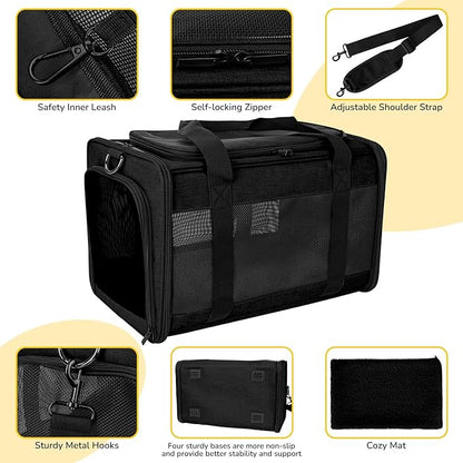 Hipubby Cat Carrier Dog Carrier for Pets Up to 16 Lbs, Soft-Sided Pet Travel Carrier for Cats and Small Dogs, Airline Approved Pet Carrying Case with Shoulder Strap & Removable Mat - Black