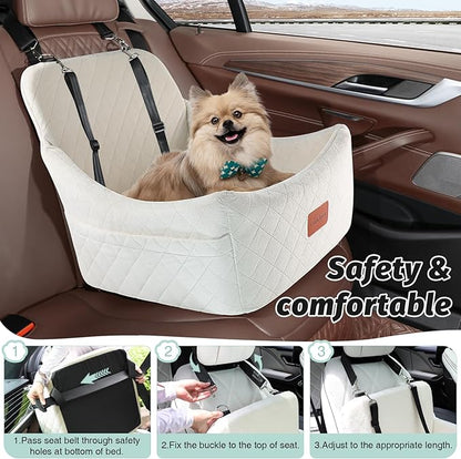 Lealchum Dog Car Seat for Medium Dogs Up to 40lbs,Easy to Install with Adjustable Straps,Anti-Slip Base,Fully Detachable and Washable,Soft Fabric Fill in Memory Foam,2 Side Pockets(Beige,Medium)