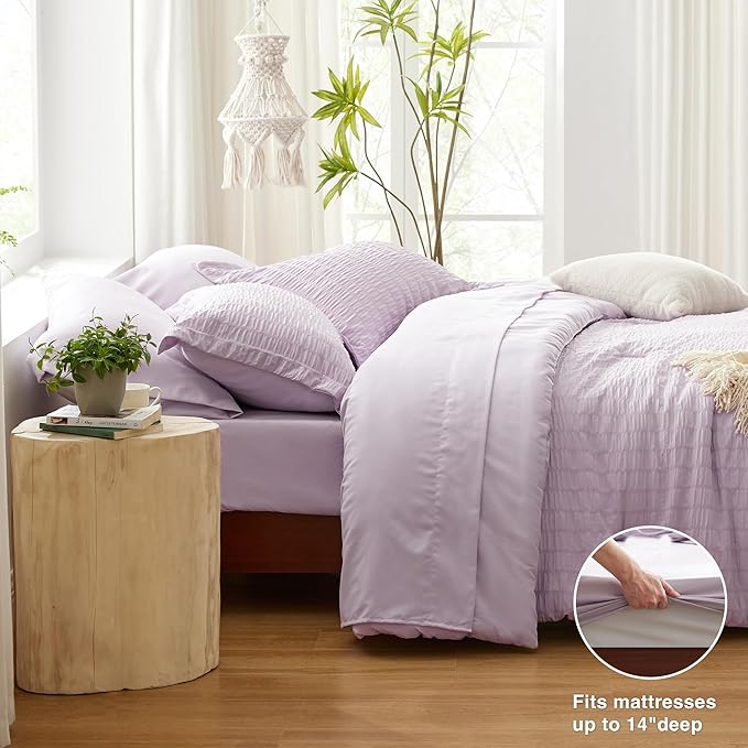 Love's cabin Seersucker Lavender Twin Comforter Set 5 Pieces, All Season Bedding Set, Twin Bed in a Bag Comforter Set with Comforter, Flat Sheet, Fitted Sheet, Pillowcase and Pillow Sham | Soft, Breathable, Lightweight