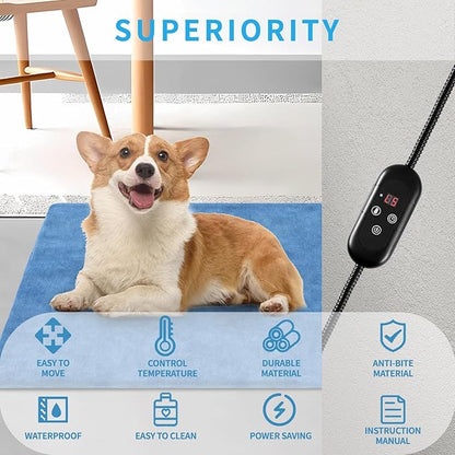 Pet Heating Pad for Cats Dogs Indoor Outdoor Waterproof Electric Heated Pads Mat with Stainless Chew Resistant Cord 5 Timer and 6 Level Temperature Warming Pad Bed Warmer-17.7x17.7