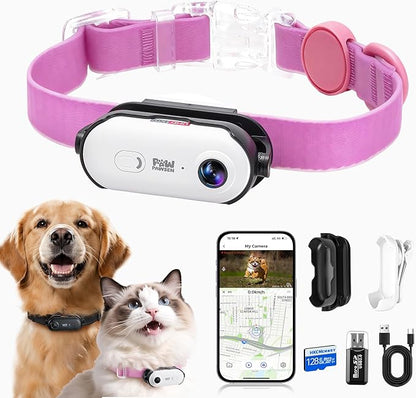 4K UHD Dog& Cat Pet Camera Collar, Video Recorder with Phone App Live View, Outdoor & Indoor POV Action Cam for Small and Medium-Size Dogs(White - Pink Waterproof Collar - M, 128g)