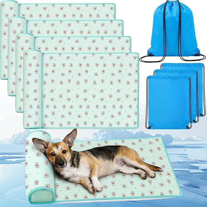 DoubleFill 4 Pack Cooling Dog Mats with Supportive Pillow 23.6" x 31.5" Self Cooling Dog Pads Ice Silk Washable Pet Cool Mat Summer Cat Sleeping Pad with Storage Bag for Crate Bed Floor (Large, Green)