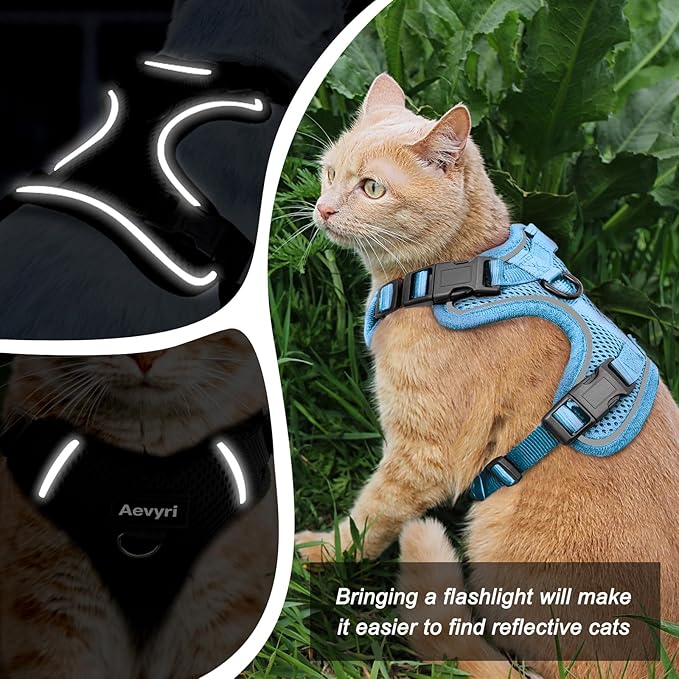 Cat Harness and Leash for Walking, The Upgrade Can be Adjusted in Four Directions and Breathable Cat Harness for Anti Escape that can be Fitted and Positioned, Reflective Strips Harness, Blue, L