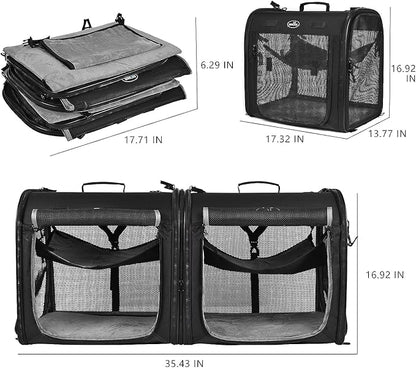 Wakytu Portable 2-in-1 Pet Carrier for Medium Dogs Large Cat Carrier for 2 Cats Travel Double Dog Crate Set with Portable Carry Bag/Hammocks/Mats/Tent Stakes/2 Pcs Pet Bowls for Outdoor Camping