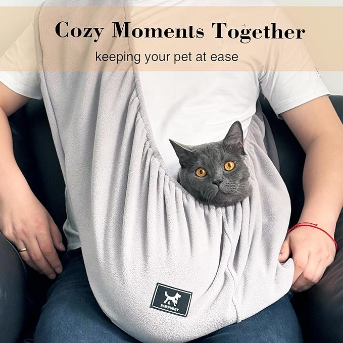 Polar Fleece Cat Sling Carrier (Large - for People 180cm+ & Pets 10-18 lbs) – Fixed Elastic Strap Pet Cuddle Bag for Indoor Snuggling, Soft Hands-Free Carrier（Light Gray）