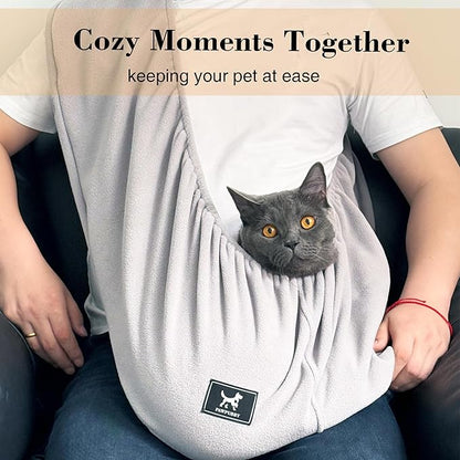 Polar Fleece Cat Sling Carrier (Large - for People 180cm+ & Pets 10-18 lbs) – Fixed Elastic Strap Pet Cuddle Bag for Indoor Snuggling, Soft Hands-Free Carrier（Light Gray）