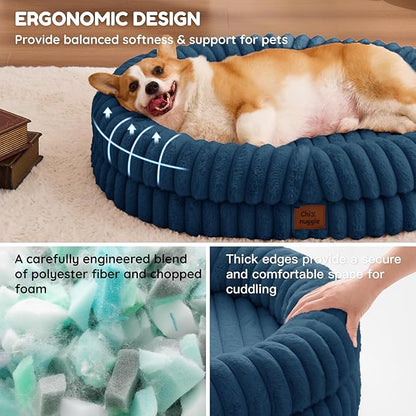 ChiXnuggle Dog Bed Large Sized Dog - Luxury Striped Faux Fur Waterproof Pet Couch with Removable Washable Cover, Orthopedic Pet Bed with Bolster Sides for Sleeping, Midnight Blue