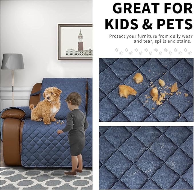 Easy-Going Oversized Loveseat Recliner Cover, Reversible Couch Cover for Double Recliner, Split Sofa Cover for Each Seat with Elastic Straps for Kids, Dogs(Oversized 2 Seater, Dark Blue/Light Blue)