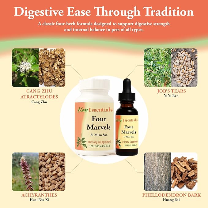 Kan Herb Company Four Marvels – Traditional Chinese Herbal Blend for Dogs and Cats to Support Digestive Clarity, Fluid Balance, and Overall Wellness, Herbal Supplement Tablets for Pets, 120 Tablets