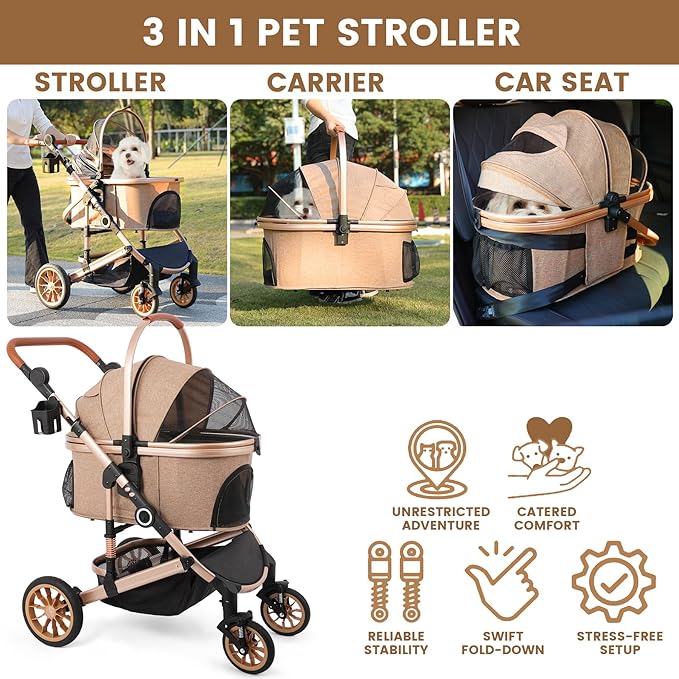 Bicystar Pet Stroller for Medium Dogs, Smooth-Ride Dog Stroller with Detachable Carrier, Rubber Wheels, Car Seat Combo 3-in-1, Up to 50 lbs, for Senior Dogs & Cats, Tan