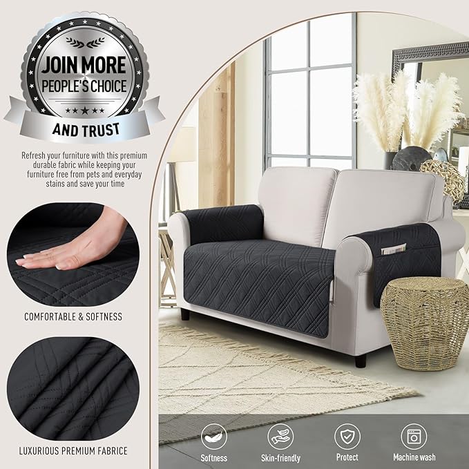 TAOCOCO Waterproof Loveseat Covers for Pets Dogs with Non Slip Backing, Sofa Seat Covers with Side Pocket for 2 Cushion Couch Washable Dog Couch Cover Protector Sofa Slipcovers(Loveseat, Black)
