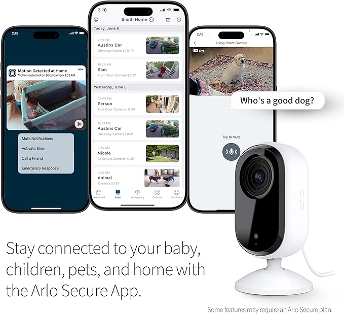 Arlo Essential Indoor Security Camera 2K (2nd Gen, 2023 Release) - Wired Plug-in Power, Person Recognition, Animal Detection, 1-Month Trial of Secure Plan, Automated Privacy Shield, 1 Cam, White