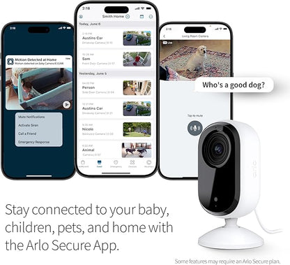 Arlo Essential Indoor Security Camera 2K (2nd Gen, 2023 Release) - Wired Plug-in Power, Person Recognition, Animal Detection, 1-Month Trial of Secure Plan, Automated Privacy Shield, 1 Cam, White