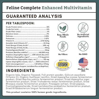 Wholistic Pet Organics Feline Complete - 8 Oz - Multivitamin & Probiotic Powder for Cats - Natural Cat Food & Digestive Support - 75 Scoops