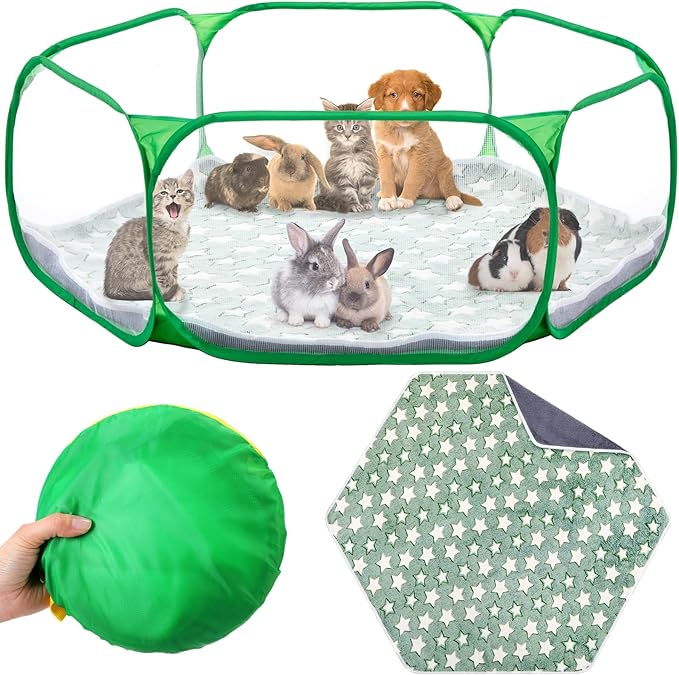 VitalCozy Hamster Playpen with Mat Small Animal Cage Tent Breathable Transparent Guinea Pig Playpen Waterproof Portable Yard Fence Mat Foldable Exercise Cage Outdoor Indoor (Green,Star)