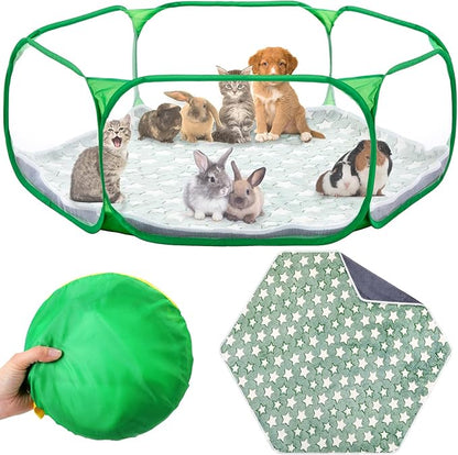 VitalCozy Hamster Playpen with Mat Small Animal Cage Tent Breathable Transparent Guinea Pig Playpen Waterproof Portable Yard Fence Mat Foldable Exercise Cage Outdoor Indoor (Green,Star)