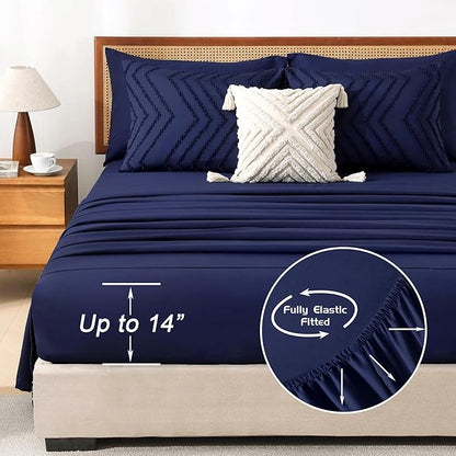 Litanika Queen Size Comforter Set with Sheets Navy Blue - 7 Pieces Bed in a Bag Queen Chevron Tufted Complete Bedding Sets with Comforter, Sheets, Pillowcases & Shams
