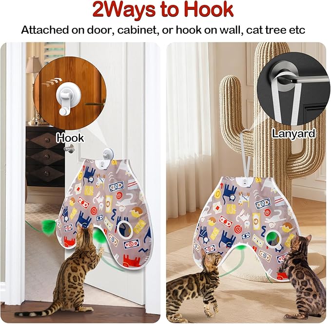 Interactive Cat Toys Moving Concealed Feathers Cat Toys Wall-Mounted Hanging Kitten Teaser Toy for Indoor Cats, Multi-Cat Households (Pink)