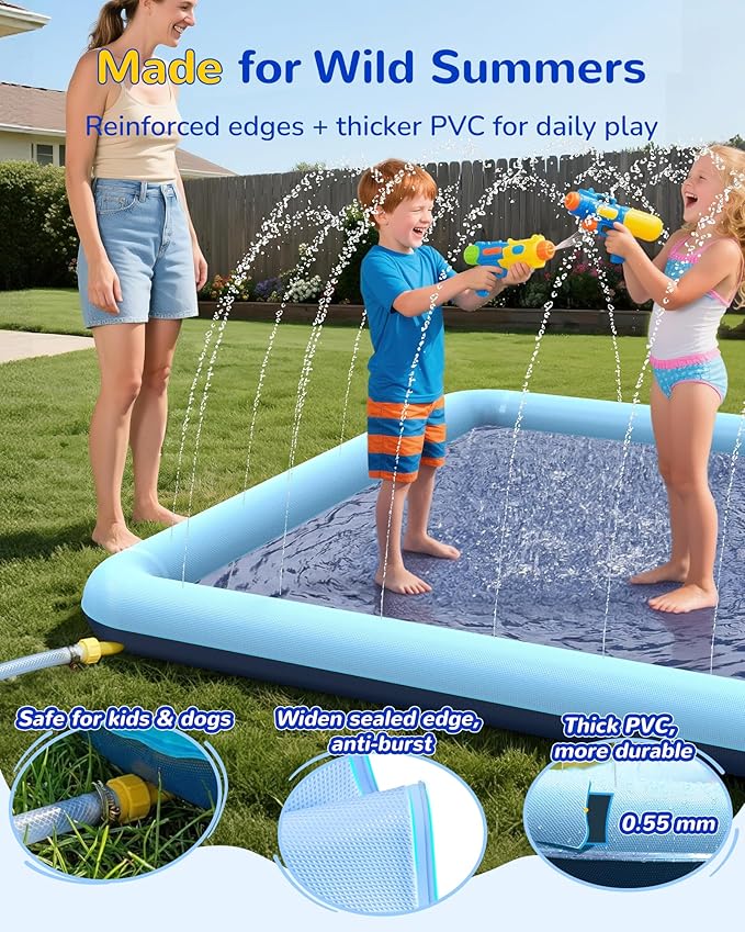 VISTOP Non-Slip Splash Pad for Kids and Dog, Thicken Sprinkler Pool Summer Outdoor Water Toys - Fun Backyard Fountain Play Mat for Baby Girls Boys Children or Pet Dog (67 * 67 inch, Blue&Blue)
