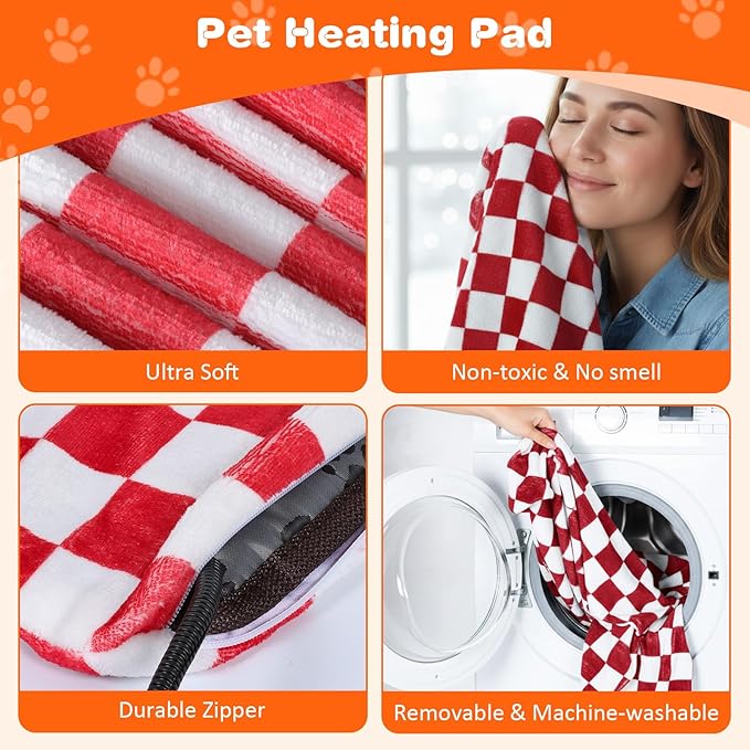 Dog and Cat Heating Pad, 12 Adjustable Temperature & Timer with Chew Resistant Cord, Indoor Pet Heated Bed Mat for Cats and Dogs (Red, 27.5x17.7in)