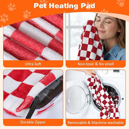 Dog and Cat Heating Pad, 12 Adjustable Temperature & Timer with Chew Resistant Cord, Indoor Pet Heated Bed Mat for Cats and Dogs (Red, 27.5x17.7in)