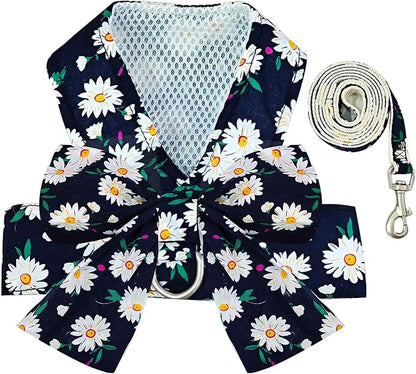 BAEJMJK Dog Harness and Leash Set with Bow Knot No Pull Pet Daisy Floral Harness with D-Ring Soft Mesh Dog Harness Vest Set Escape Proof Princess Puppy Harness for Small Girl Dogs Cats（Navy Blue XS）